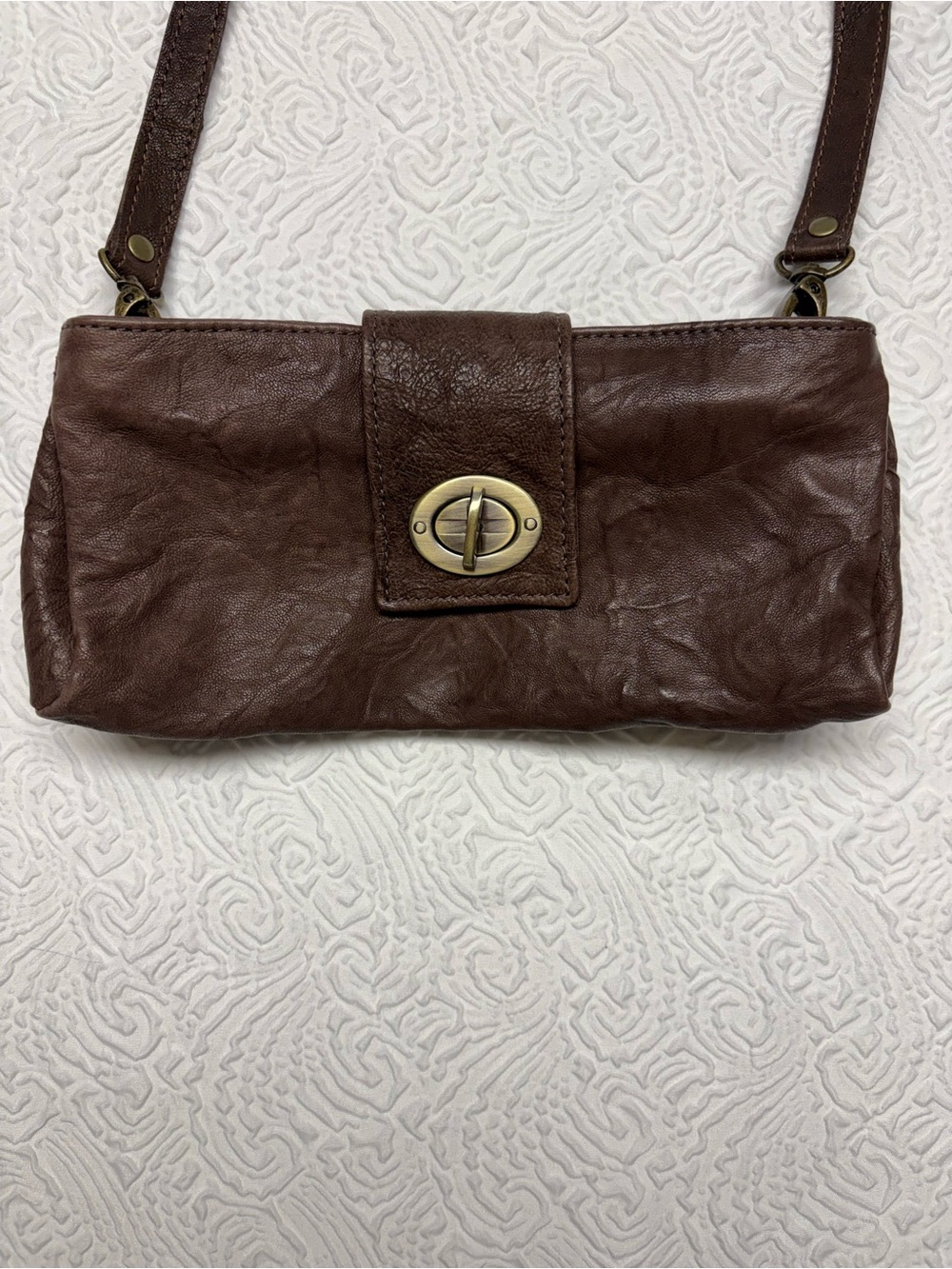 Giving Brand Women's Brown Lamb Leather Crossbody Bag with Turn-Lock Detail
